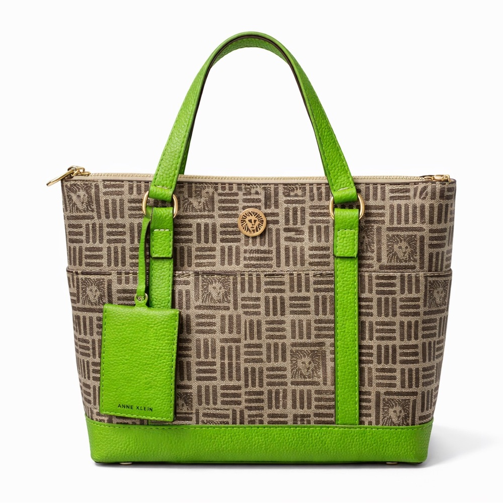 Anne Klein Monogram Tote w/ Green Trim & ID Wallet | Zip Top